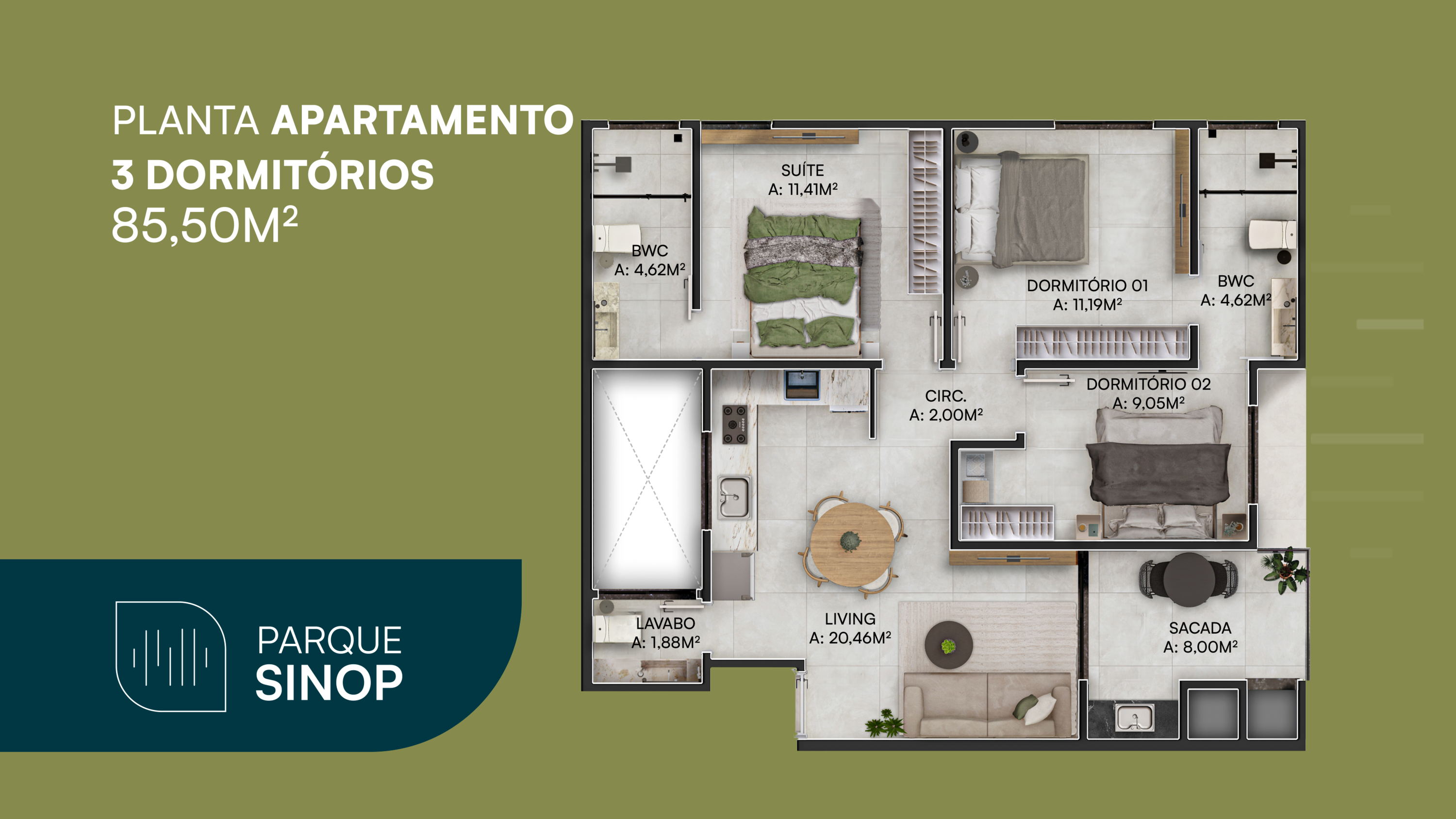 Planta apartamento 3 dormitórios